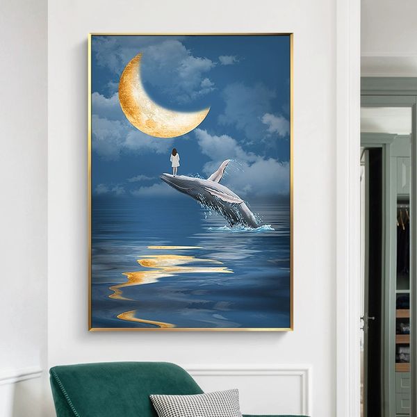 Modern Wall Art Art Seascape Pinturas sobre Posters de Dolphin de Canvas e Impressão para Crianças Denador da Sala Dinner Pictures Cuadros Decor