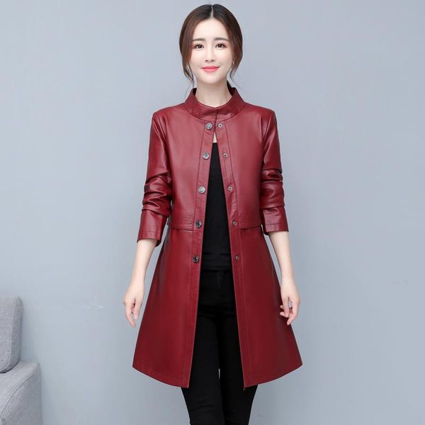 

long leather jacket trench coat women single breasted autumn female outwear casual women's & faux, Black