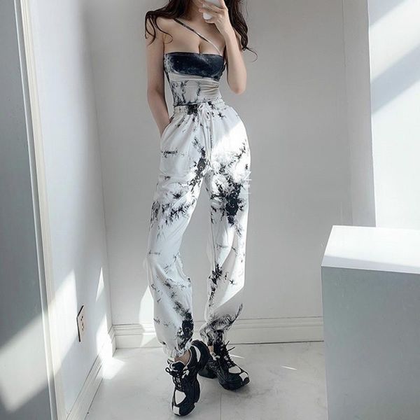 

summer spring fashion street womens pant loose high waist tie dye sports casual drawstring pants cotton trousers qai9, Black;white