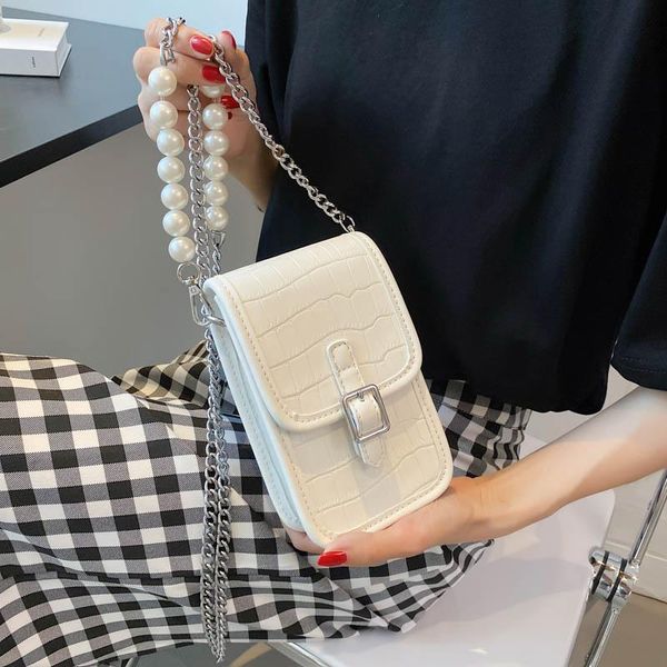 

evening bags 2021 brand crocodile pattern women's shoulder bag beaded handbag chain crossbody designer flip mobile phone female purse
