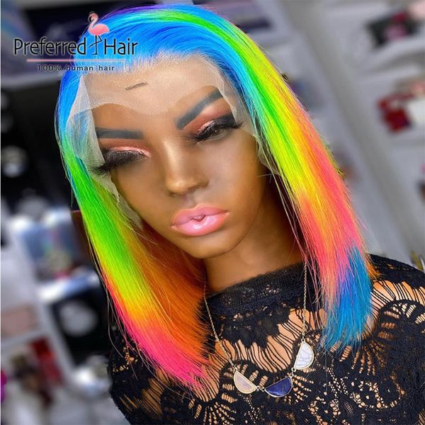 

lace wigs preferred blue yellow rainbow bob wig pre plucked 13x4 front green red transparent human hair for women, Black;brown