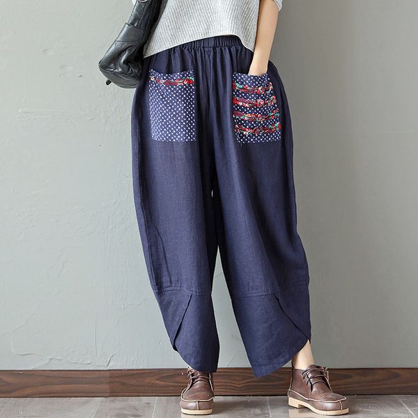 

capri wide leg hare 2021 chinese female-style vintage ethnic elastic waist loose flax pants long cotton, Black;white