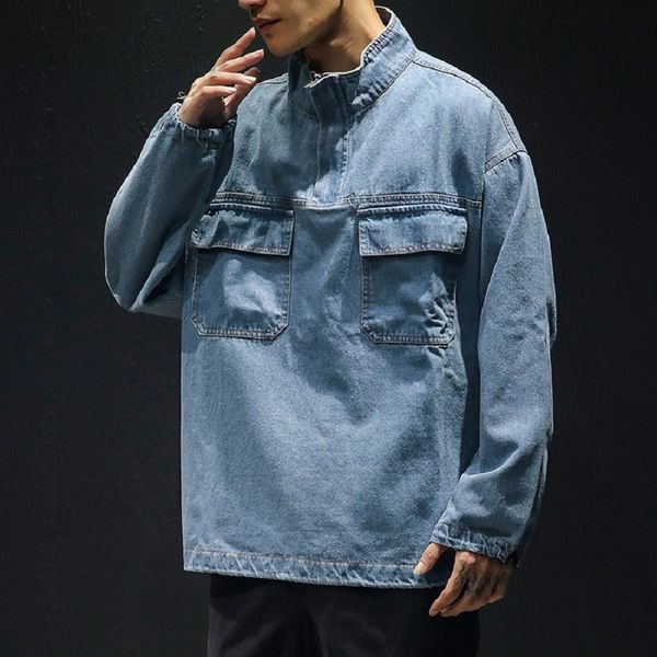 

e-baihui denim jacket pullover casual loose men's coat fashion retro all-match bomber windbreaker hip-hop autumn streetwear, Black;brown