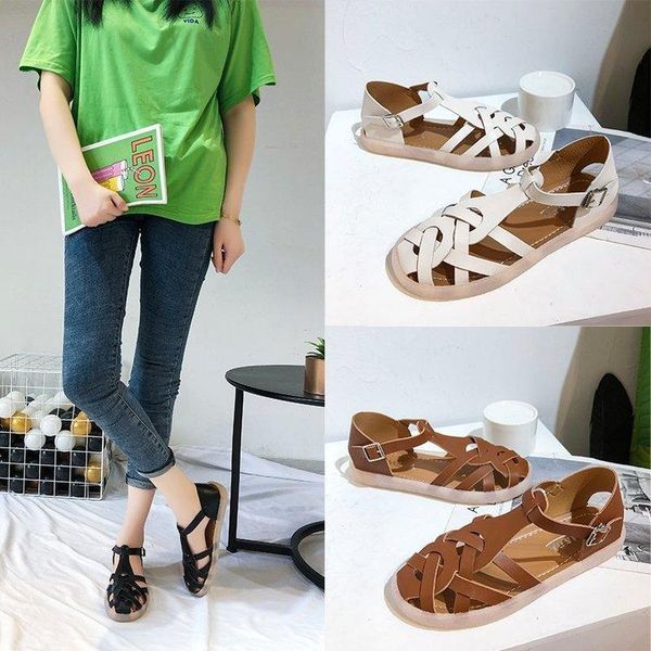 

sandals leather women low-heeled shoes with strap large size big rubber slides fabric pu rome hoof patent low, Black