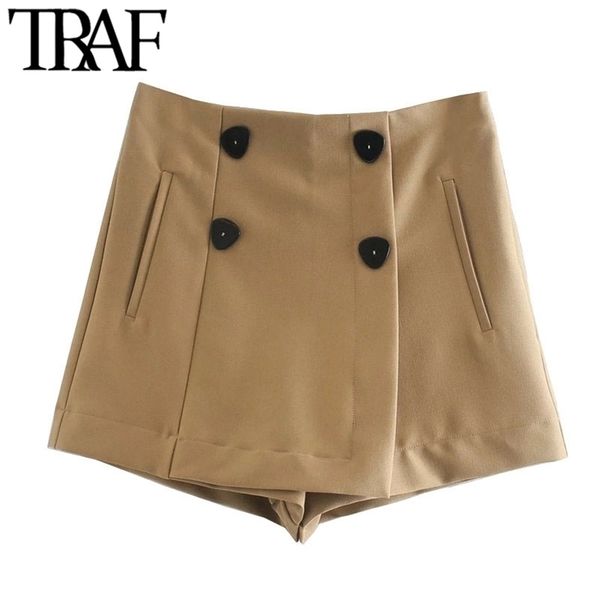 

traf women chic fashion with double buttons shorts skirts vintage high waist side zipper female skort mujer 210625, White;black