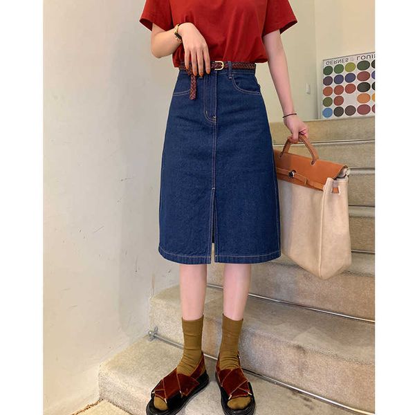 

with net red jing classic casual denim skirt high waist thin split medium length a-line summer, Black