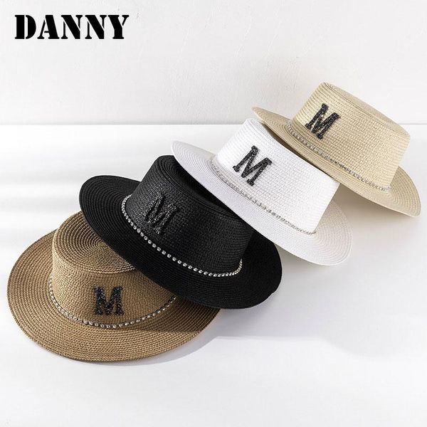 

wide brim hats summer beach rhinestone letter m flat woman straw hat foldable seaside vacation sunshade female chapeau femme, Blue;gray