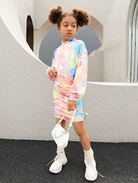 

girls 1pc tie dye drop shoulder drawstring side dress she, Red;yellow