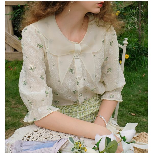 

women's blouses & shirts women spring summer elegant fresh casual floral tencel chiffon shirt bow collar korean fashion womens mujer p, White