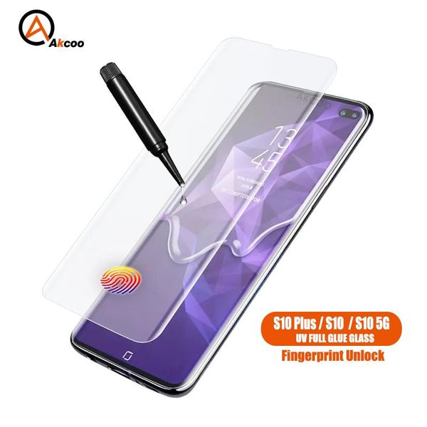 

akcoo uv full glue tempered glass for galaxy s10 plus screen protector with fingerprint unlock 5g film cell phone protectors