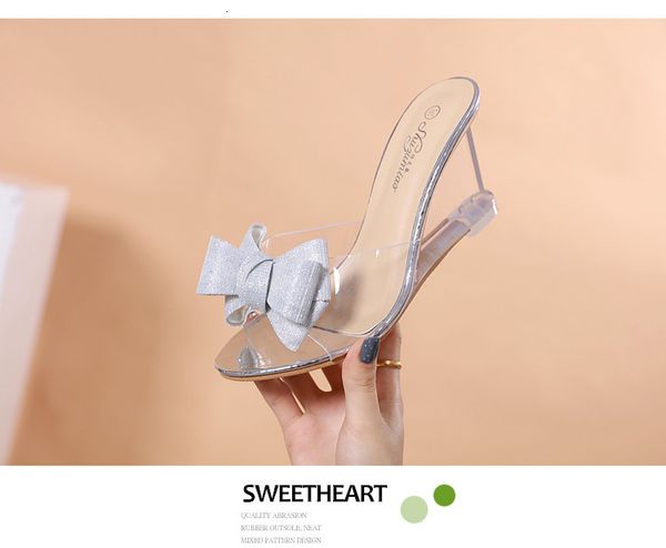 

slippers wowknot wedges women shoes slope heel sandals female summer crystal transparent high-heeled water kat4, Black