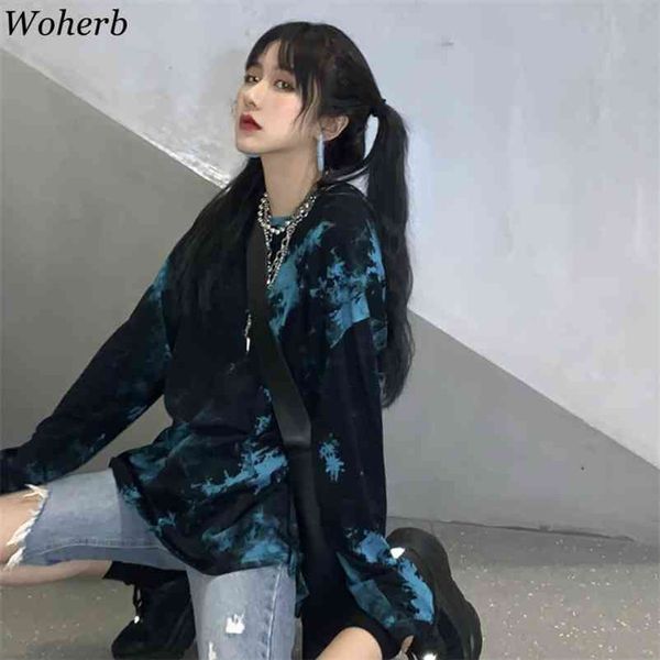 

woherb harajuku blue tie dyeing women men plus size t shirt long sleeve tee loose streetwear oversized t-shirts korean 210330, White