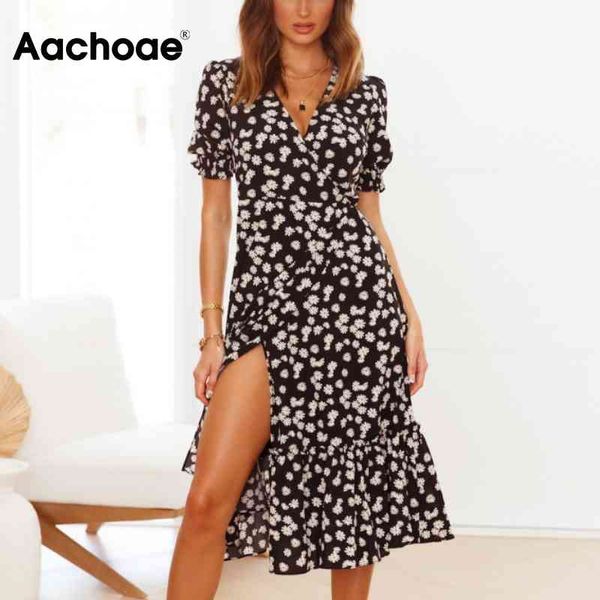 

floral print elegant v neck puff sleeve pleated women summer beach dress midi wrap sundress robe femme 210413, Black;gray