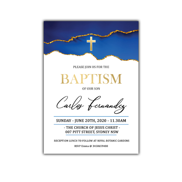 

greeting cards personalized baptism invitation deep blue and gold boy printable christening