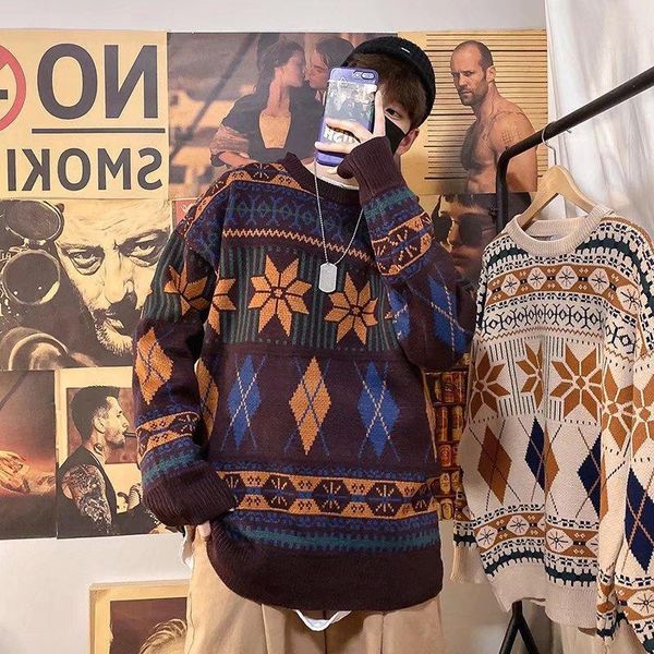 

men's sweaters winter round neck christmas personalized fashion casual knitwear male diamond pattern harajuku pullovers, White;black