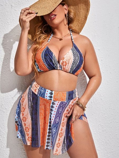 

3pack plus paisley print bikini swimsuit & beach skirt 86ug#, Black