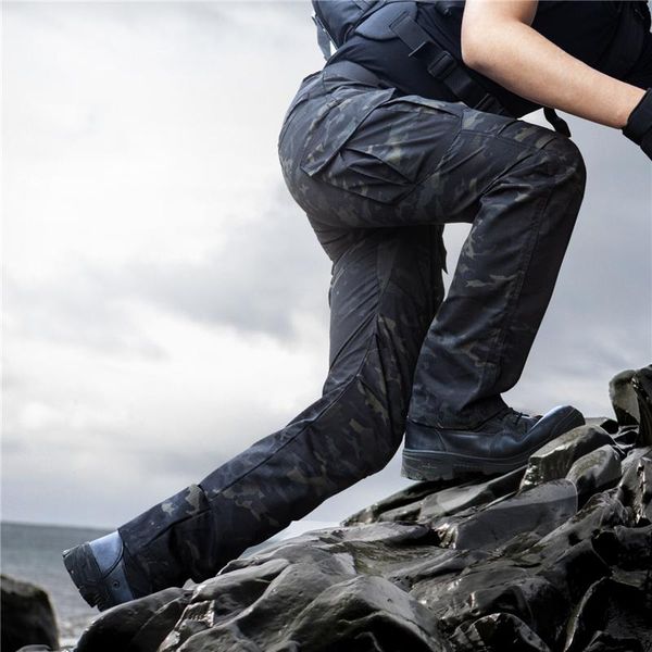 

men's tactical camouflage cargo pants spring autumn casual multi pockets waterproof rip-sjoggers army military work trousers, Black