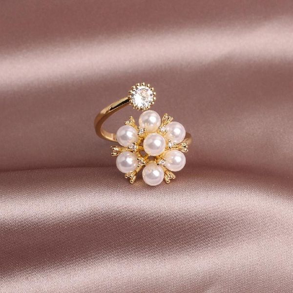 

cluster rings korean design fashion jewelry exquisite copper inlay zircon white pearl elegant female opening adjustable index finger ring, Golden;silver