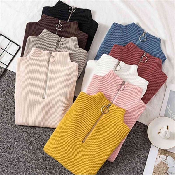 

zipper full sleeve womens women sweater half turtleneck thin autumn winter basic knit amii sweaters for black pink, White;black