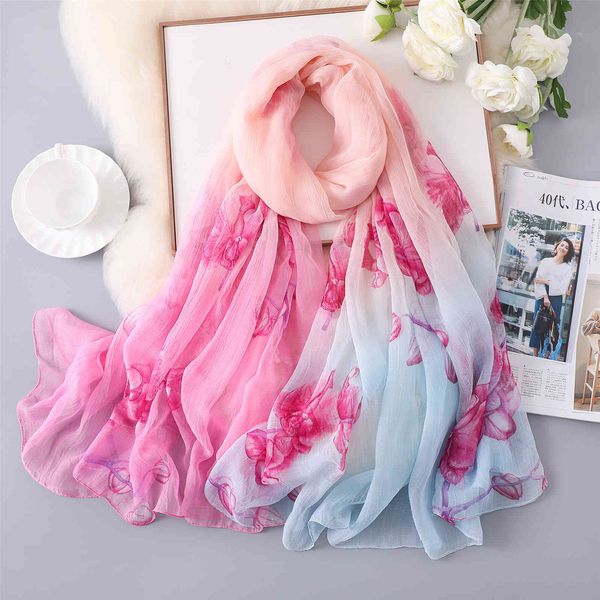 

hangzhou silk new super large chiffon scarf crocodile wrinkled women's beach flower shawl in spring, summer and autumn, Blue;gray