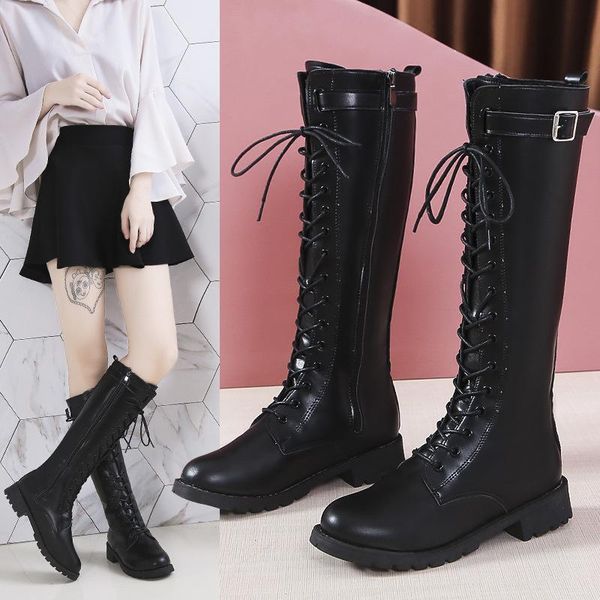 

boots fall winter 2021 style for special foreign large size, women low heel side zipper lace up, Black