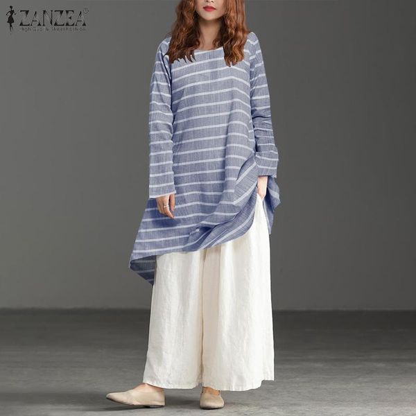 

women's blouses & shirts 2021 women striped shirt vestidos autumn long zanzea vintage casual sleeve blouse blusas female chemise tunic, White