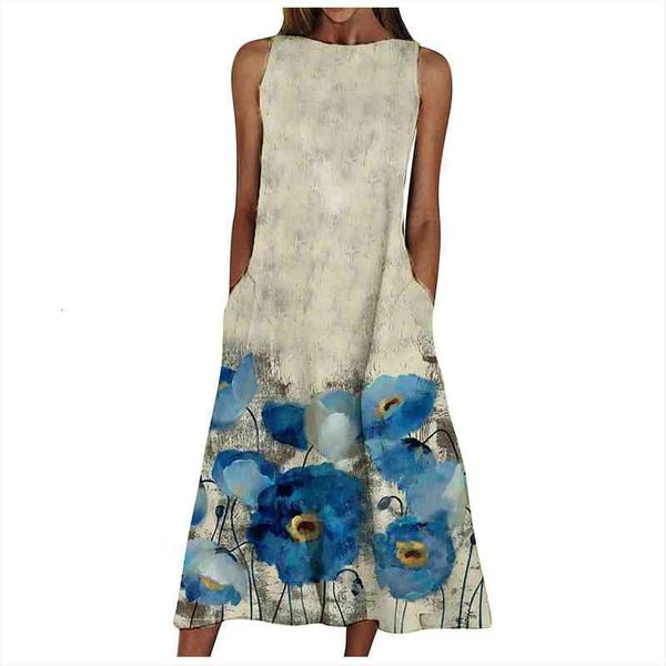 

plus size dress for fashion women summer flower print o-neck sleeveless elegant dress with pockets boho holiday robe, Black;gray