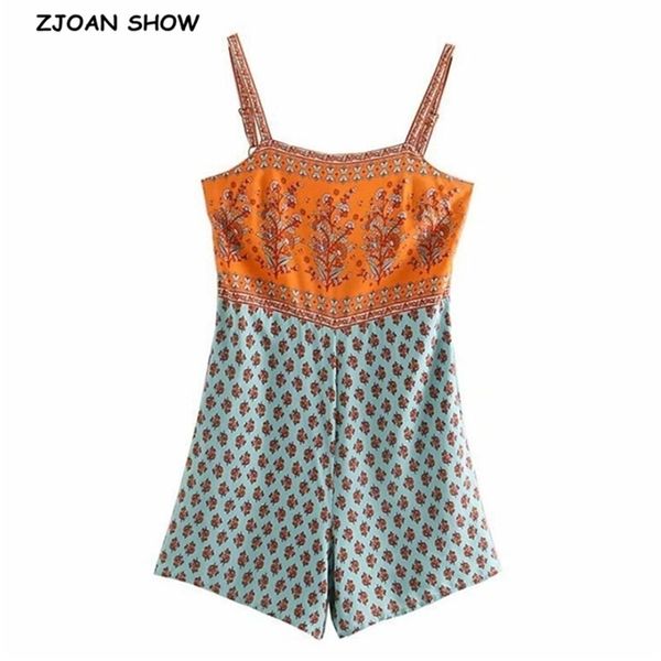 

summer square collar paisley floral print bodysuits boho women back elastic short pants jumpsuit spaghetti strap romper overalls 210429, Black;white
