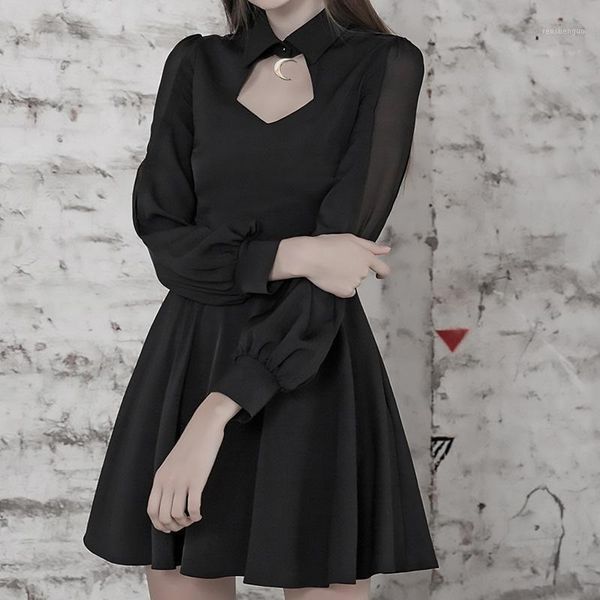 

casual dresses dark punk style gauze mesh stitching hollow crescent decoration a-line dress women gothic black with long sleeves, Black;gray