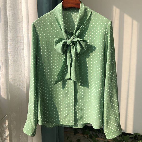 

suit 100% slik blouse women polka dot bow lace-up long sleeve shirt, White;black