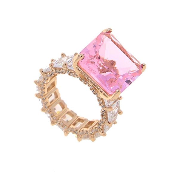 

iced out rose gold color pink cz square ring big stone cut 5a engagement wedding band rings for women men party jewelry, Slivery;golden