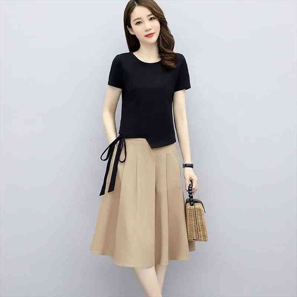 

casual cotton linen skirt suit womens tracksuits summer lace up short sleeve irregular crop elastic waist a line 2, Gray