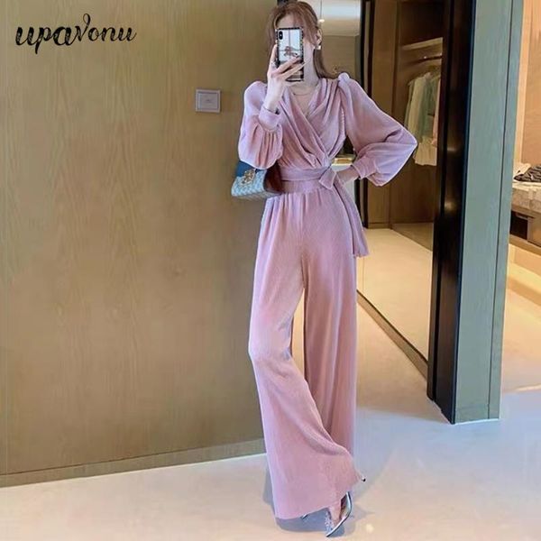 

women's two piece pants knitted set 2021 elegant v-neck long sleeve pullover lace-up & two-piece straight sets, White