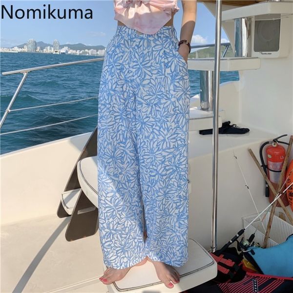 

nomikuma summer wide leg pants women korean style flower printed loose high waist straight trousers stylish pantalones 210514, Black;white
