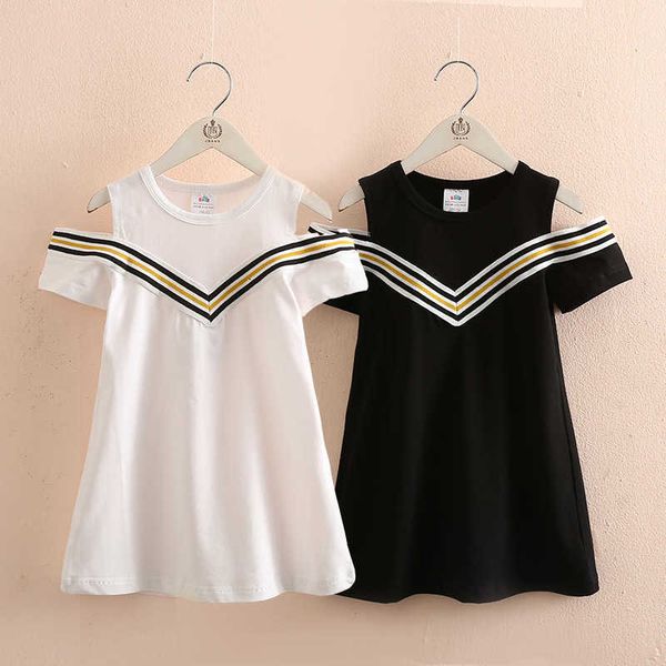 

kids o-neck stripe dress summer fashion 2 3 4 6 8 10 12years casual cotton simple off shoulder for baby girl 210529, Red;yellow