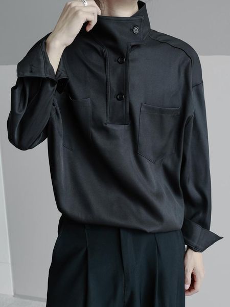 

men's casual shirts long sleeve pullover shirt trendy large personalized high collar button decorative loose work clothes commuter, White;black