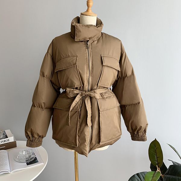 

women's wool & blends winter stand collar slim waist down cotton coat zipper pocket woman parkas chic loose warm padded jacket wit, Black