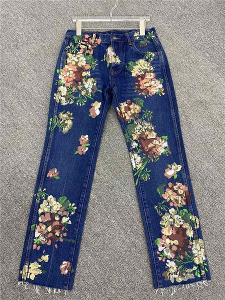 

flower graffiti print vintage washed distressed jeans men women pants trousers men's, Blue