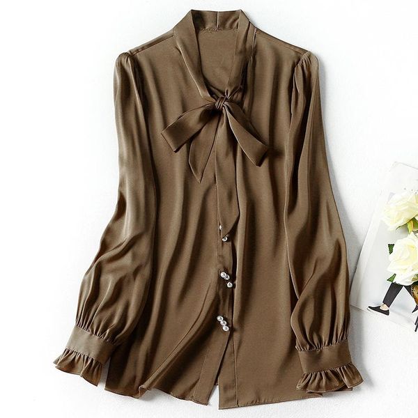 

office lady work shirt 100% natutal real silk elegant fashion bow long sleeve solid loose women satin blouse spring autumn women's blo, White