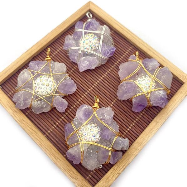 

charms natural stone crystal ore irregular shape purple diamond hand-wound necklace pendant jewelry handmade accessories, Bronze;silver