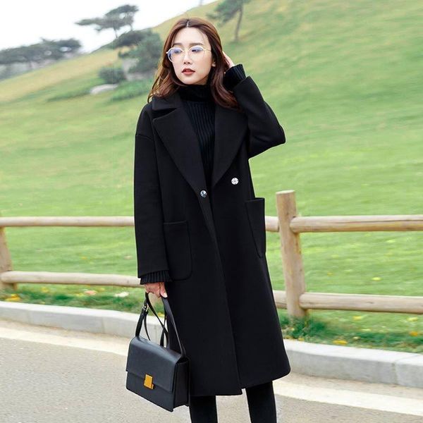 

women's wool & blends casual solid color simple mid-length loose coat women autumn and winter womens sweater thick, Black