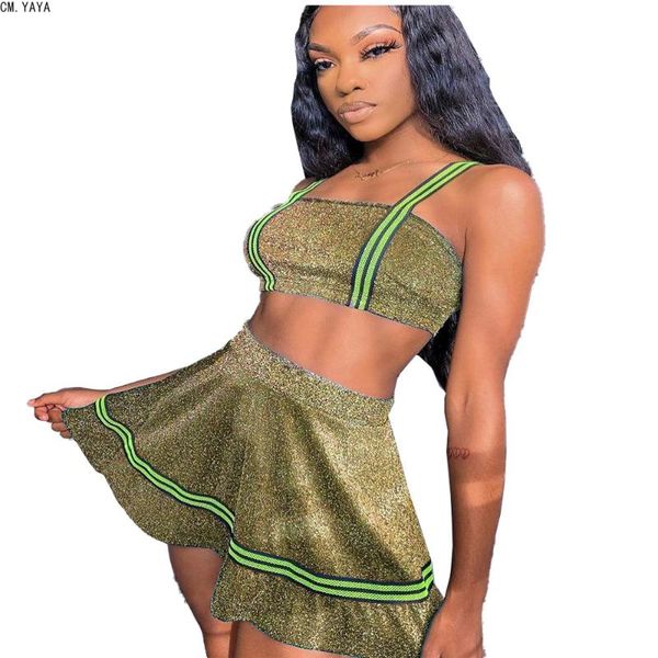 

two piece dress cm.yaya women pieces fashion outfits solid color tank high waist pleated skirt 2021 female party club setscmhm6145, White