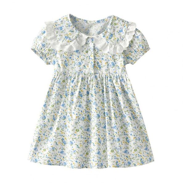 

girl's dresses puff sleeve floral printing dress cute large lacework lapel girl button half placket summer clothing kids daily wear, Red;yellow