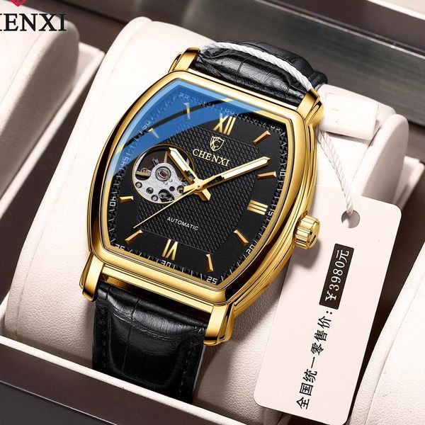 

wristwatches chenxi mens mechanical watches luxury business hollow out automatic watch for men fashion square leather golden montre homme, Slivery;brown