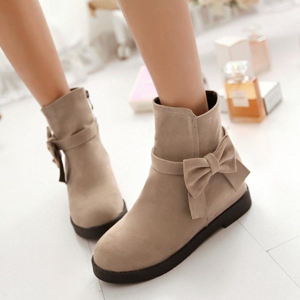 

boots fashion warm non-slip shoe for ladies pure color bowknot round toe zipper flat heels women ankel botas mujer, Black