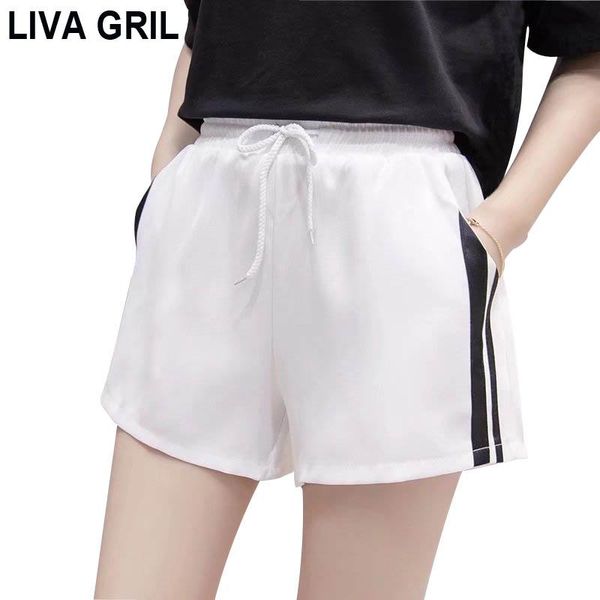 

women's shorts liva gril high waist women casual summer lace up wide leg short workout striped femme s-2xl 6 colors pants, White;black