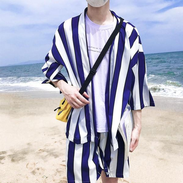 

men's jackets hzijue striped open stitch three quater thin style kimono jacket 2021 summer beach sun proof, Black;brown