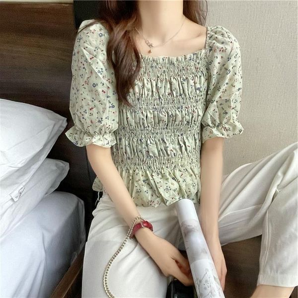 

women's blouses & shirts summer square collared blouse with ruffle hem and floral chiffon shirt for women girl 2021 sweet clothes vetem, White