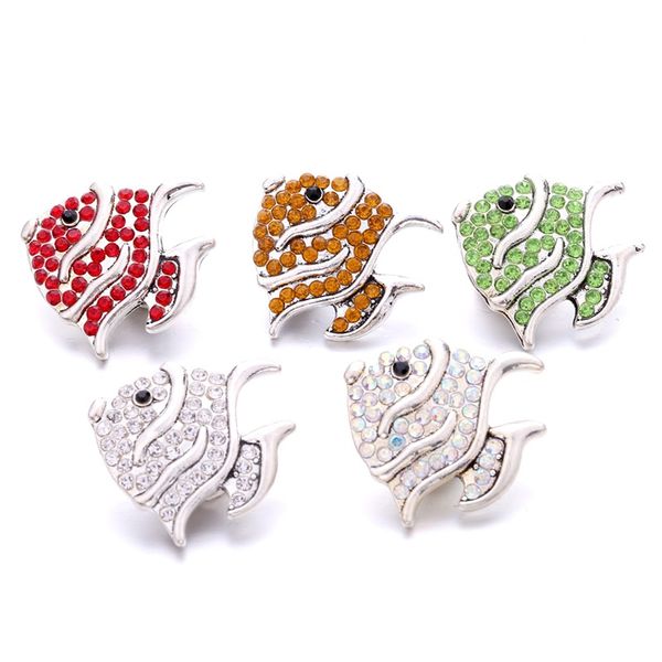 Atacado Fashion Fish Rhinestone Gengibre Snap Botão Clasp Achados de Jóias Mulheres Homens Vermelho Azul Rosa Zircão Encantos 18mm Metal Snaps Fábrica Fornecedor