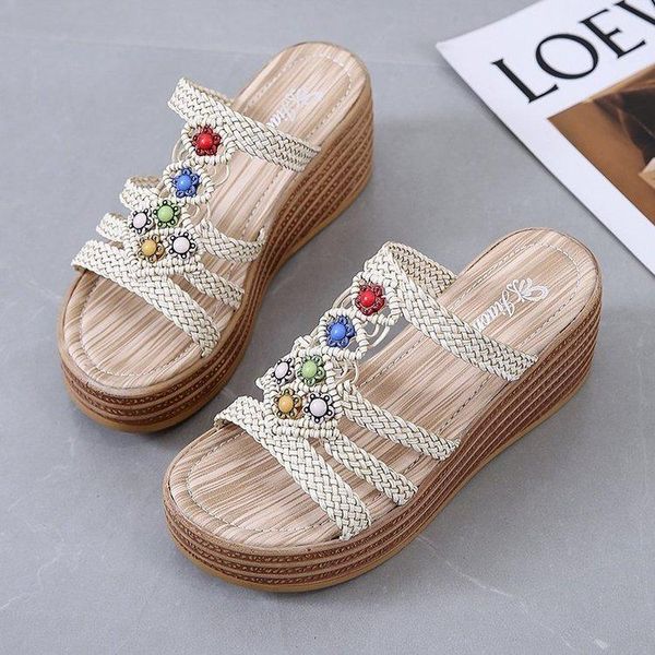 

women summer sandals retro mid heels pumps plus size wedges shoes woman sweet beading slippers sandalias mujer sapato feminino, Black